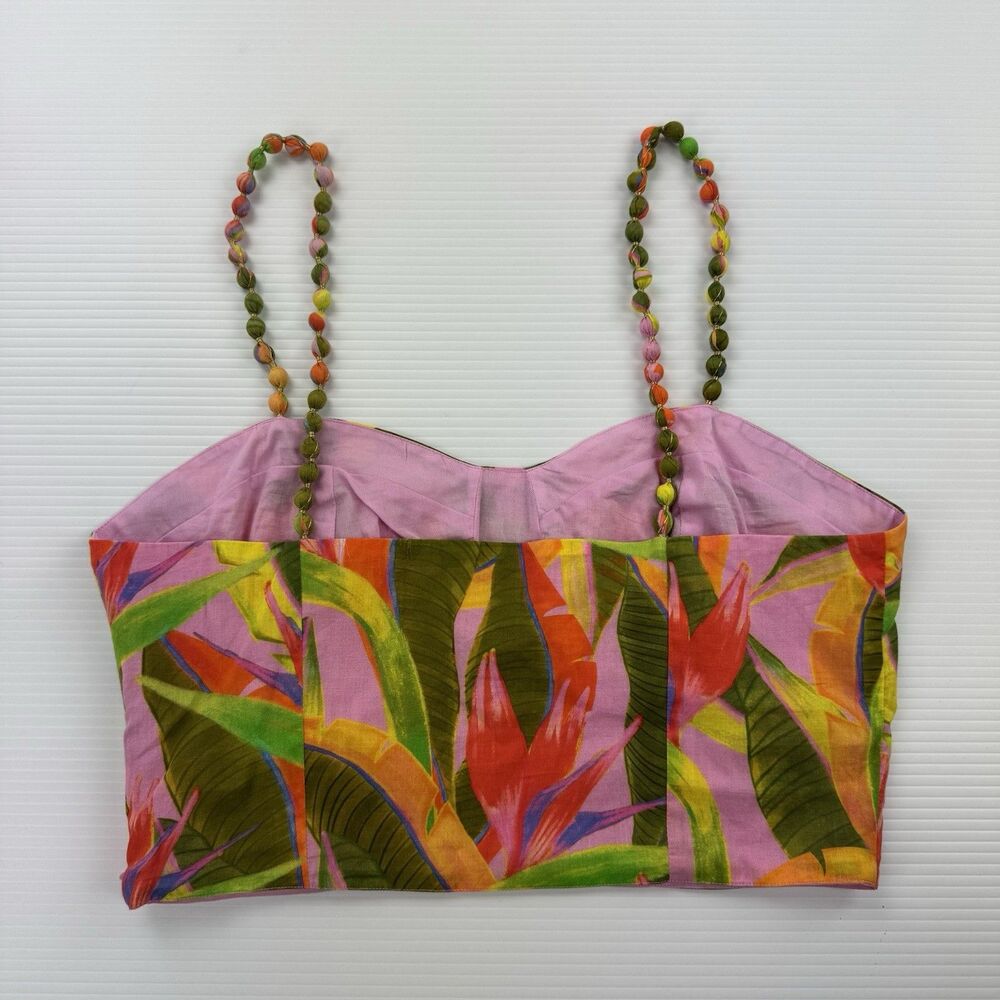 Farm Rio x Anthropologie Floral Crop Top Beaded Straps Pink Cotton M NWOT - Picture 10 of 12